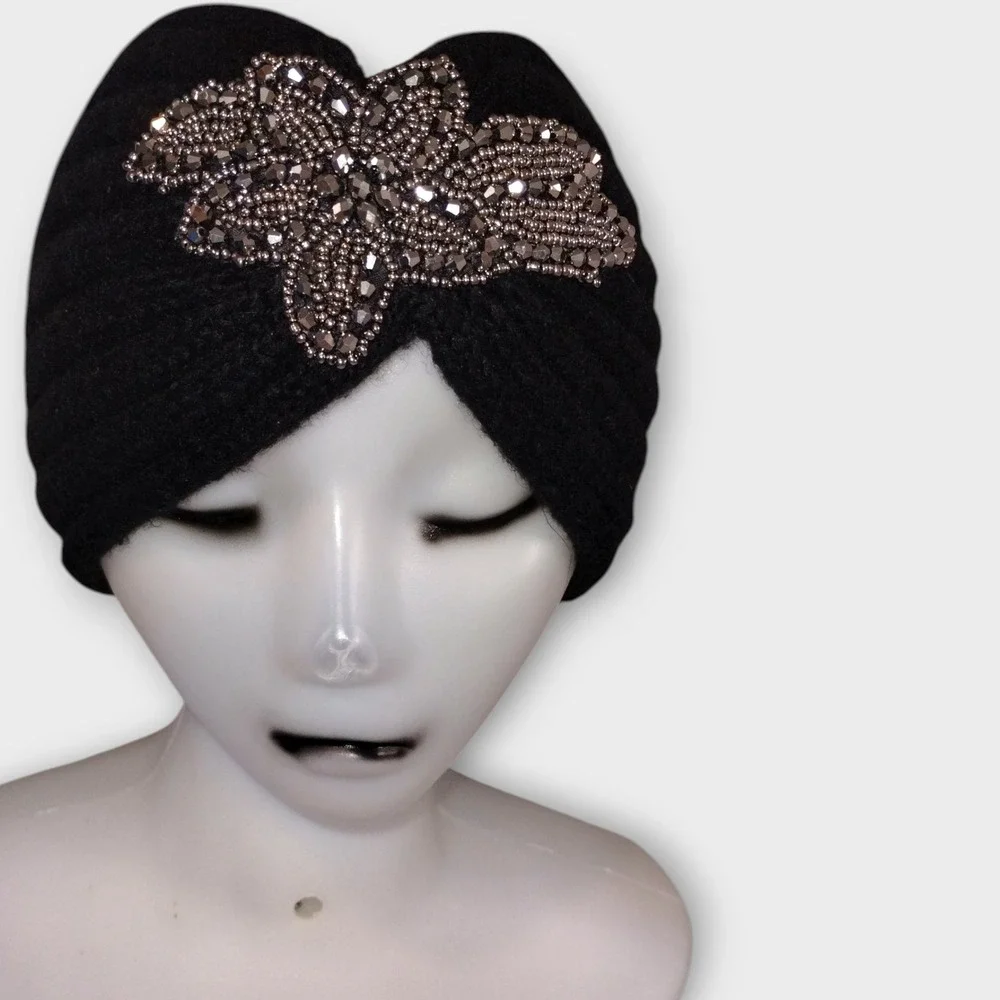 C.C.‎ EXCLUSIVES 20s Style Black Knit Turban Jeweled Embellished Headband Womens